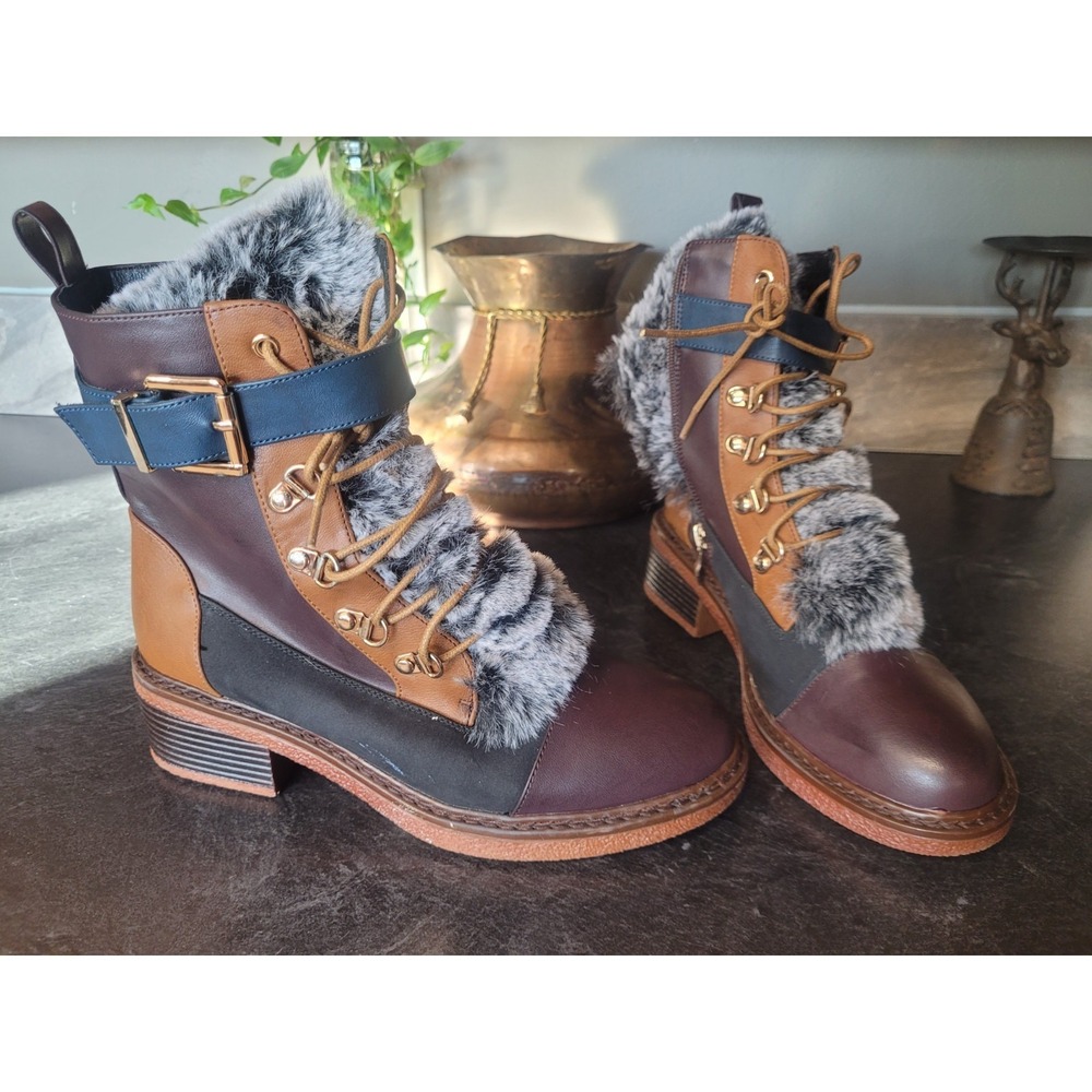 Patrizia Hilvia Spring Step 8.5 Fur Lace Up Combat Boots Brown Black Women's 39
